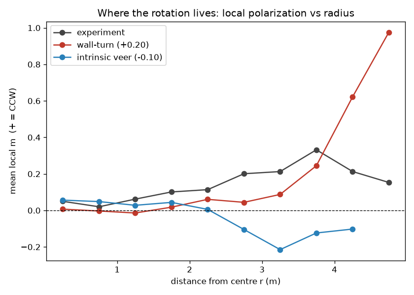 Local rotation against distance from the center for experiment and two models